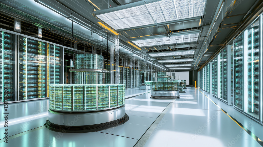 Poster futuristic data center. big data analytics platform. quantum processor in the global computer networ