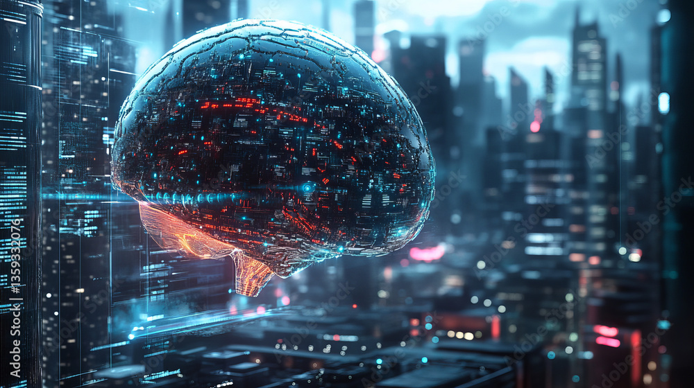 Poster digital mind. work on creation of artificial intelligence. wireless network technology. 3d illustrat