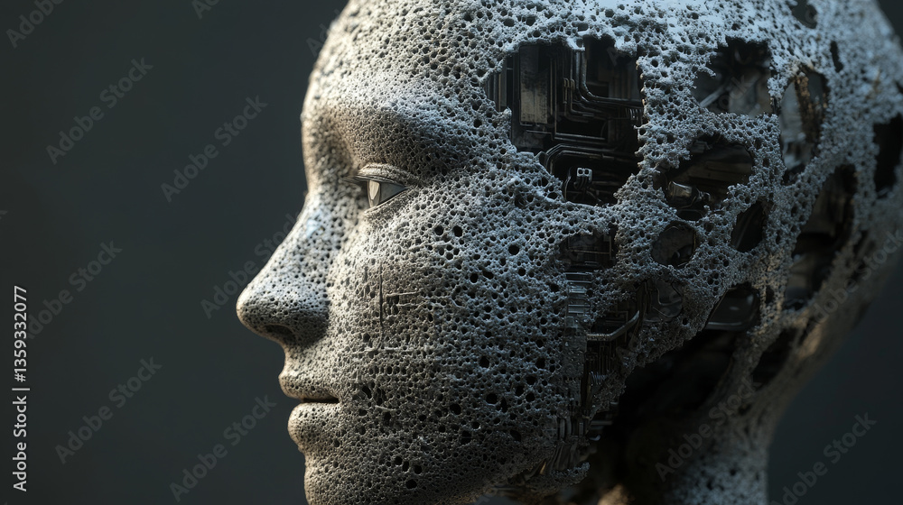 Poster digital mind. work on creation of artificial intelligence. wireless network technology. 3d illustrat