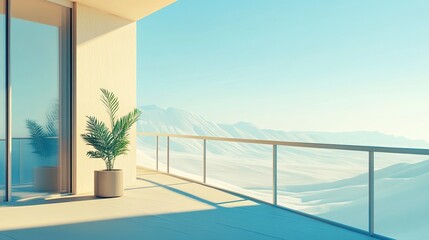 Fototapeta premium Balcony with minimalist design, overlooking vibrant city by the sea, white sands and rolling hills meeting distant mountains,