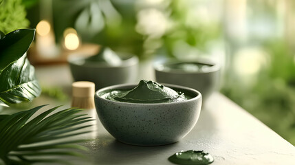 Green clay face mask in ceramic bowls surrounded by lush foliage for natural skincare