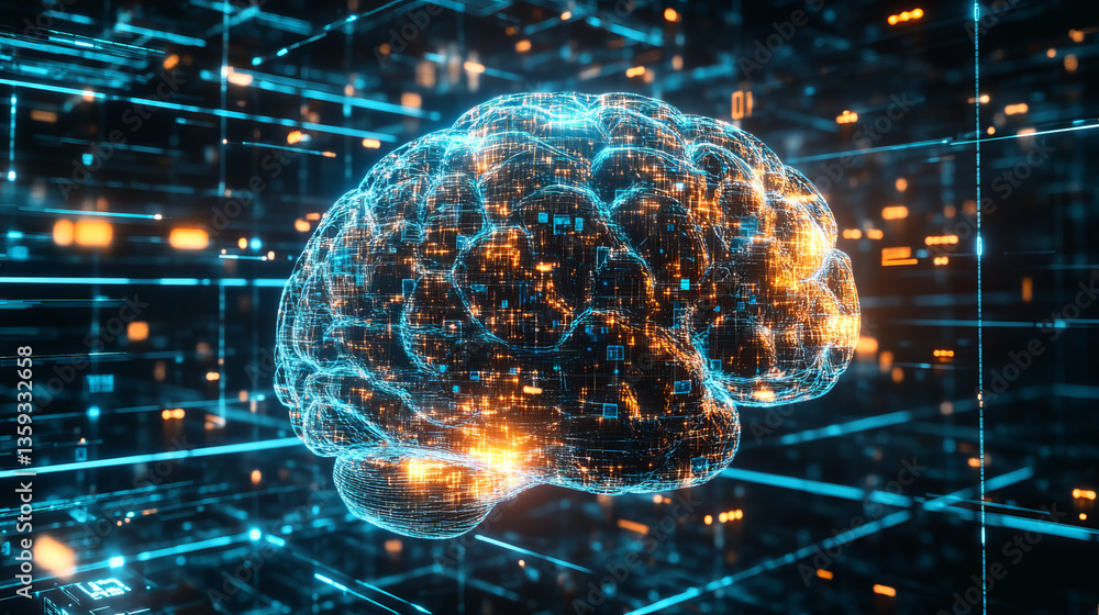 Poster digital mind. technocratic concept of future. abstract reactor core. quantum processor and big data.