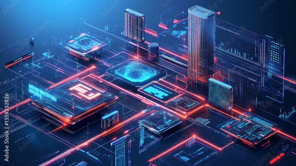 Poster protected data. vortex data flow technology. cyberpunk funnel 3d illustration. information flow in a