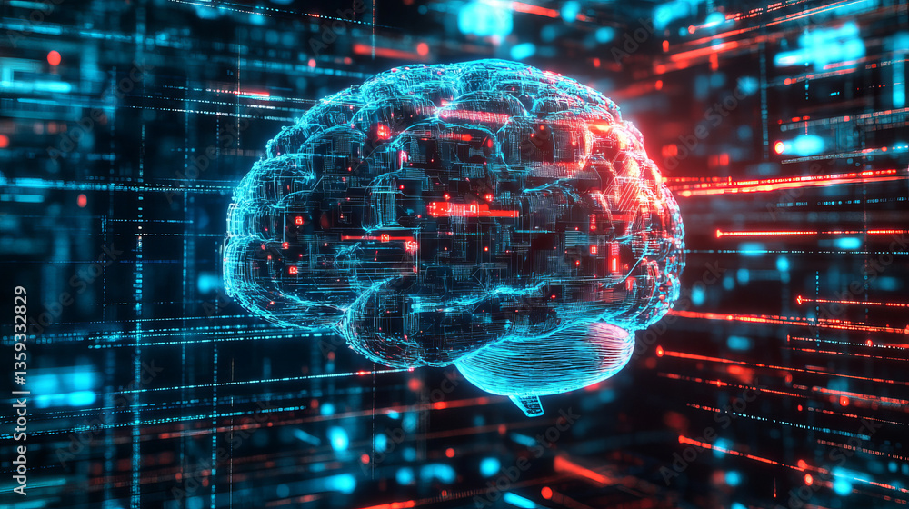 Poster digital mind. technocratic concept of future. abstract reactor core. quantum processor and big data.