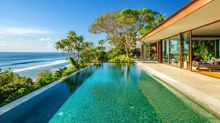 Fototapeta premium Beachfront villa with a sprawling infinity pool, glass facades reflecting golden sunlight, tropical greenery surrounding the property 