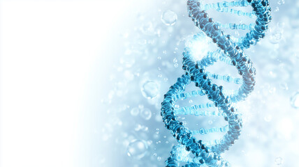 Blue water droplets and a DNA helix on a white background.