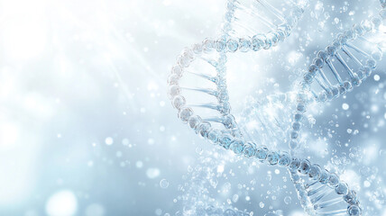 Blue water droplets and a DNA helix on a white background.