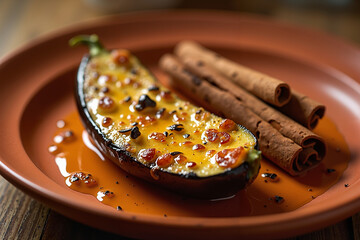 Eggplant glossy skin. Baked Eggplant with Sweet Glaze and Cinnamon Sticks, in Brown and Purple Colors, Representing Unique Culinary Dish