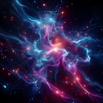 Abstract virtual fractal reamls futuristic artificial intelligence mysterious energy field in deep space swirling neon particles cloud 