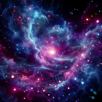 Abstract virtual fractal artificial intelligence mysterious energy field in deep space swirling neon particles cloud 