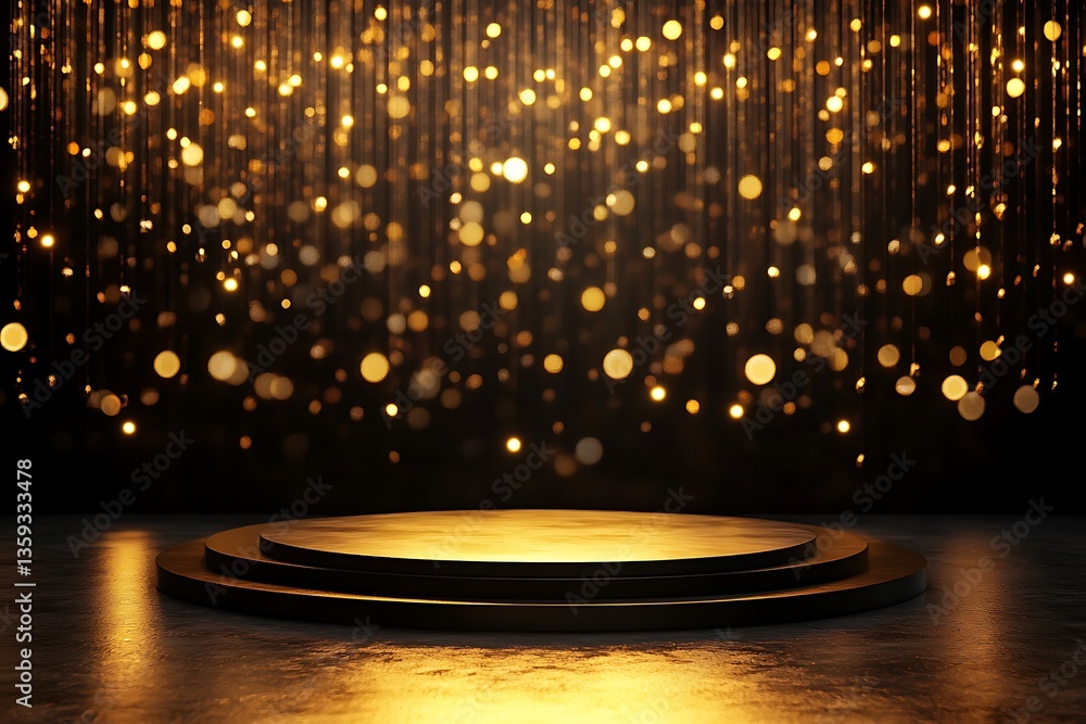 Poster golden bokeh lights illuminate a dark, circular podium.