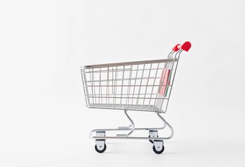 A solitary, empty shopping cart against a pristine white backdrop, photography, grocery