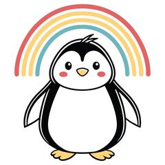 Cute Penguin Under Rainbow, Adorable Bird Character with Colorful Arch Above It, Kawaii