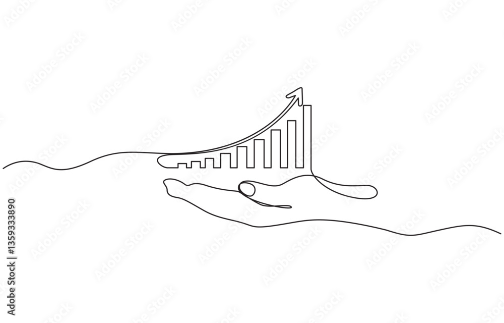 Poster hand holding arrow with growth graph continuous line drawing, continuous one line drawing assessment