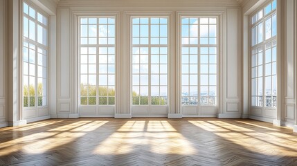 Fototapeta premium Bright and airy luxury living room, unfurnished with polished wooden floors, large windows framing open blue sky 