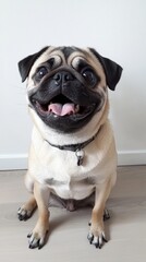 Obraz premium Cute happy dog sitting and posing on white background, Pug dog 