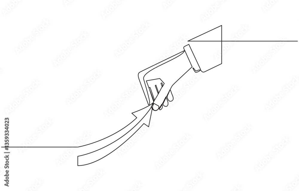 Poster hand holding arrow with growth graph continuous line drawing, continuous one line drawing assessment