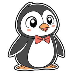 Cute Cartoon Penguin with Bow Tie on White Background, Isolated Animal