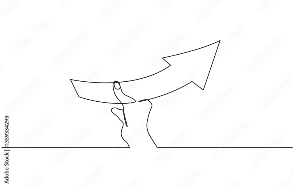 Poster continuous line drawing of a hand showing growth graph, hand holding arrow growth graph continuous l