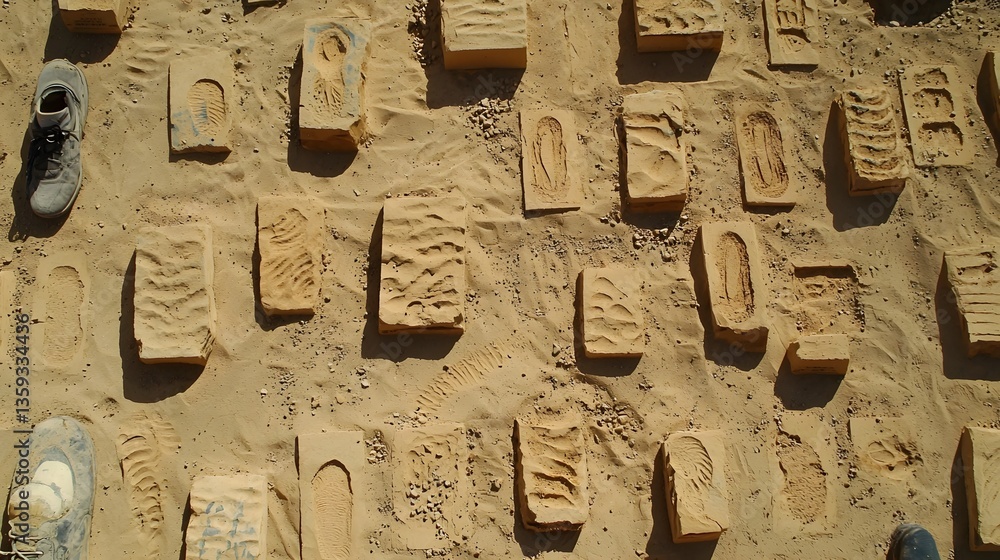 Poster Close up view of a fossil excavation site located in a sandy desert environment revealing a collection of ancient prehistoric imprints and traces left behind by long extinct creatures and organisms