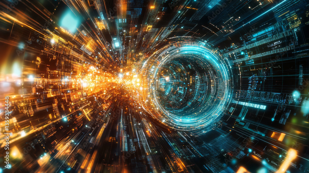 Poster information blocks in the data stream. big data concept. quantum computer. nanotechnology of the fut