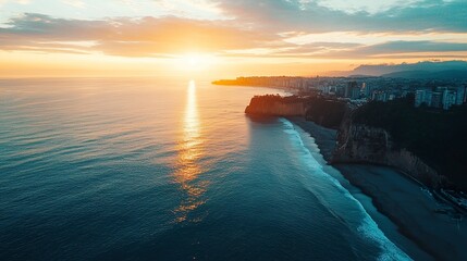 Obraz premium Captivating aerial view of a city skyline merging with a tranquil beach, deep blue ocean and jagged rocky outcrops creating a striking contrast, golden hour light casting warm tones 