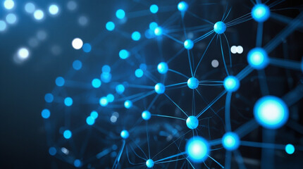 The futuristic digital network features interconnected blue nodes and lines, creating a high-tech, cyberpunk aesthetic, rendered in 8K resolution with a cinematic lighting effect.