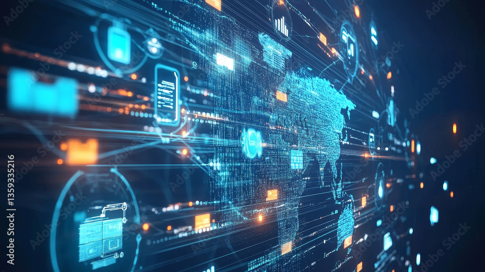 Poster dig data. information flows in cyberspace. global digital network of the future. technological backg
