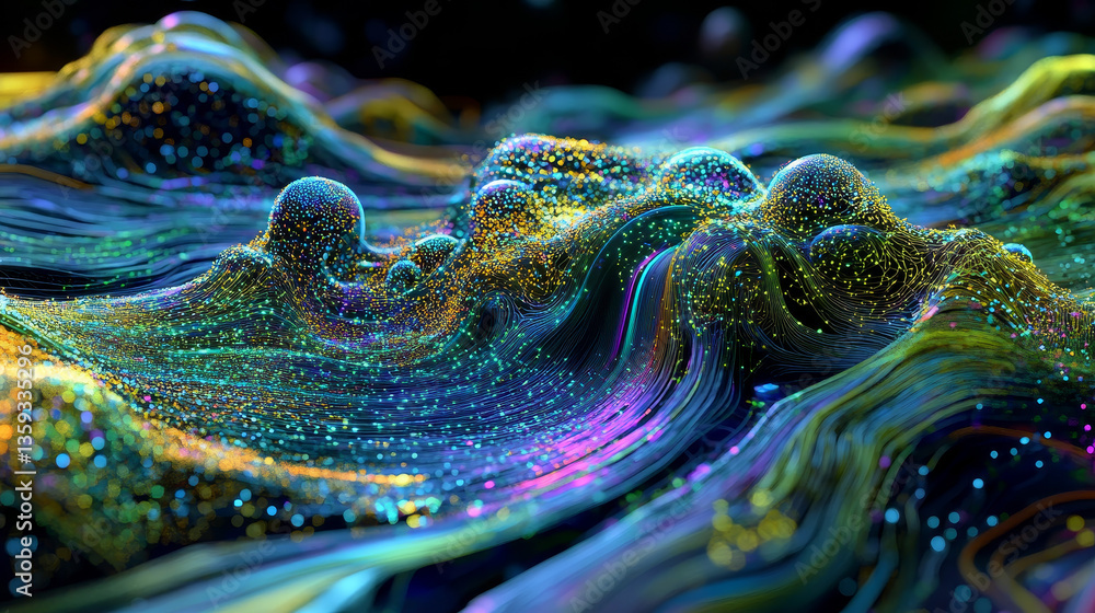 Poster abstract information stream, flow in big data code field. 3d illustration of a cyber network of neur