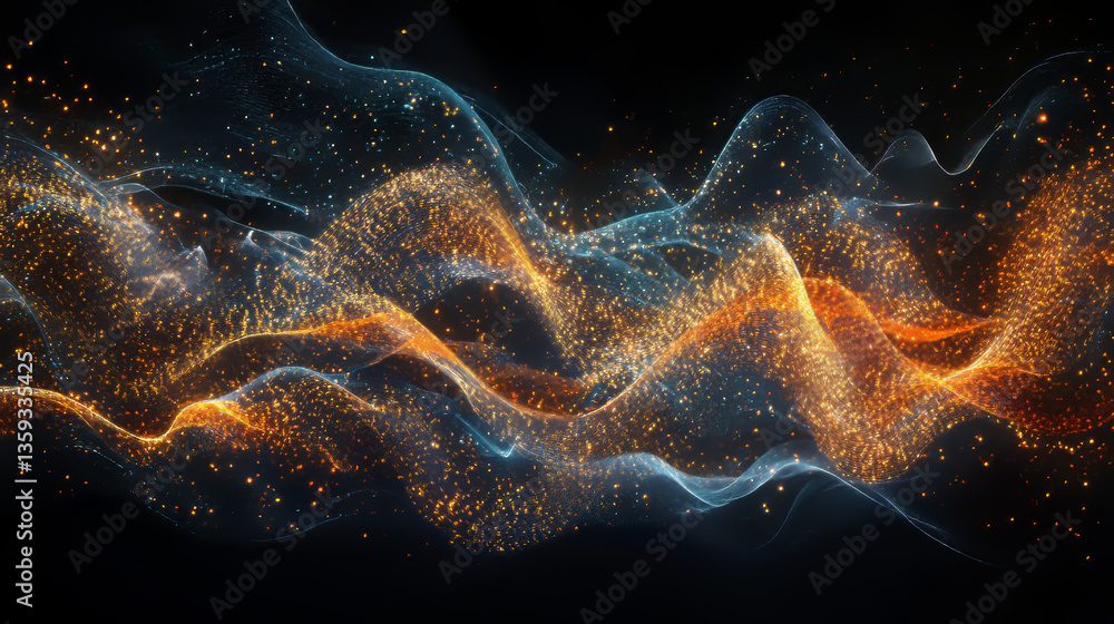 Poster abstract information stream, flow in big data code field. 3d illustration of a cyber network of neur