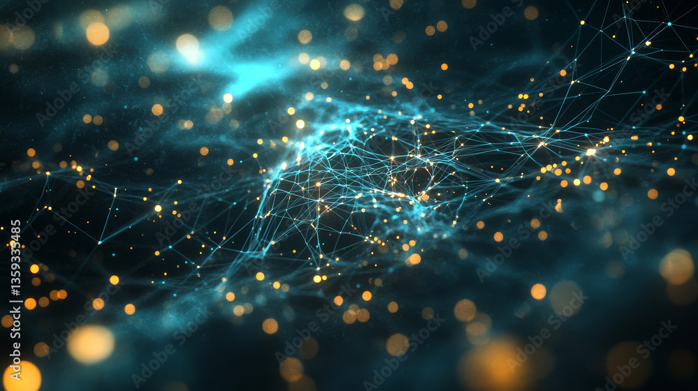 Poster abstract information stream, flow in big data code field. 3d illustration of a cyber network of neur
