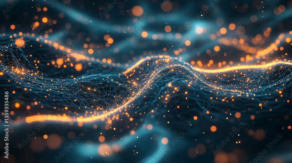 Poster abstract information stream, flow in big data code field. 3d illustration of a cyber network of neur