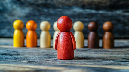 A sad person is bullied, symbolized by wooden peg dolls, addressing bullying and racism as global issues
