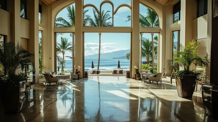 Fototapeta premium Chic lobby with expansive windows overlooking the beach, high vaulted ceilings, elegant decor with tropical accents 