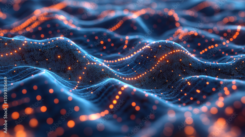 Poster abstract information stream, flow in big data code field. 3d illustration of a cyber network of neur