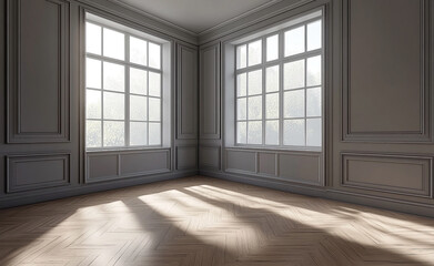 Obraz premium An empty room with three large windows and a wooden floor featuring gray walls and natural light
