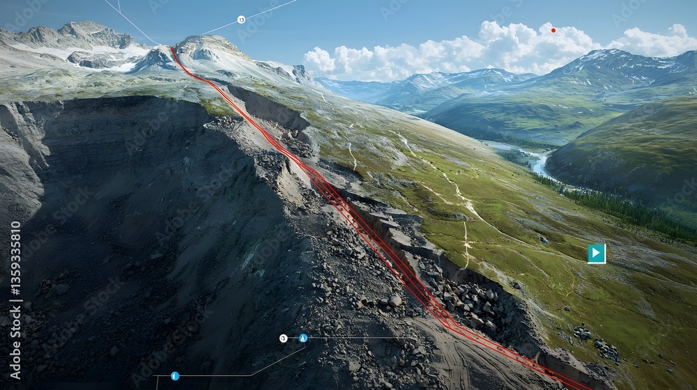 Aufkleber Detailed 3D Lidar data capture and visualization of the complex geological impacts of earthquake triggered landslides in a rugged mountainous landscape