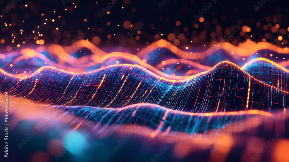 Poster information loop, encoded data, data stream 3d illustration. linear waves in cyberspace. electrical 