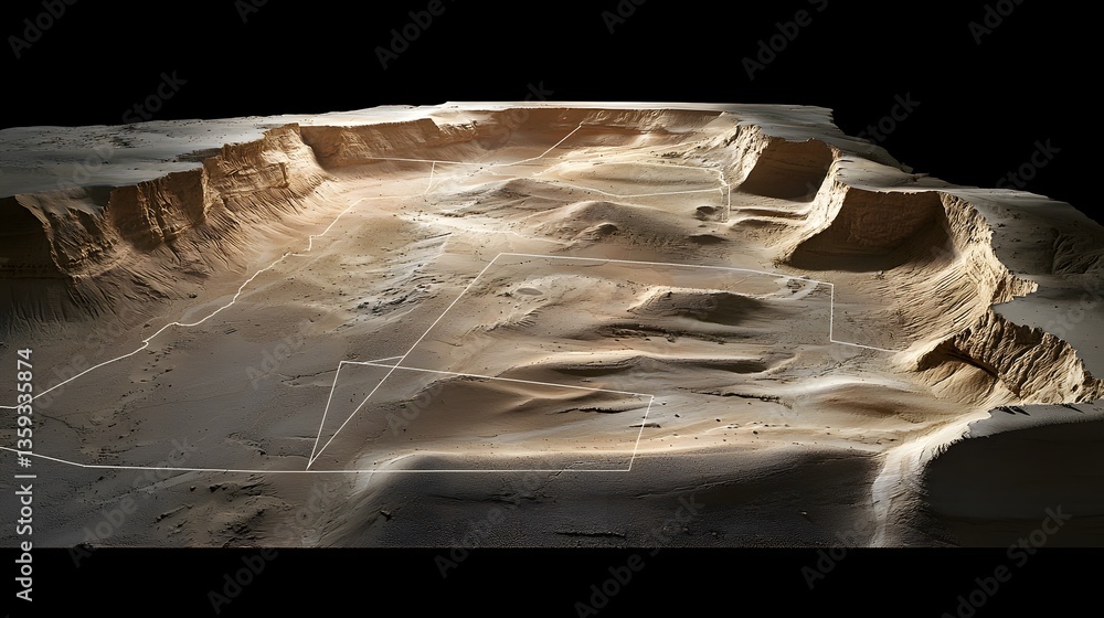 Poster detailed 3d topographic map of a dramatic rugged mountain range with deep canyons ridges and intrica