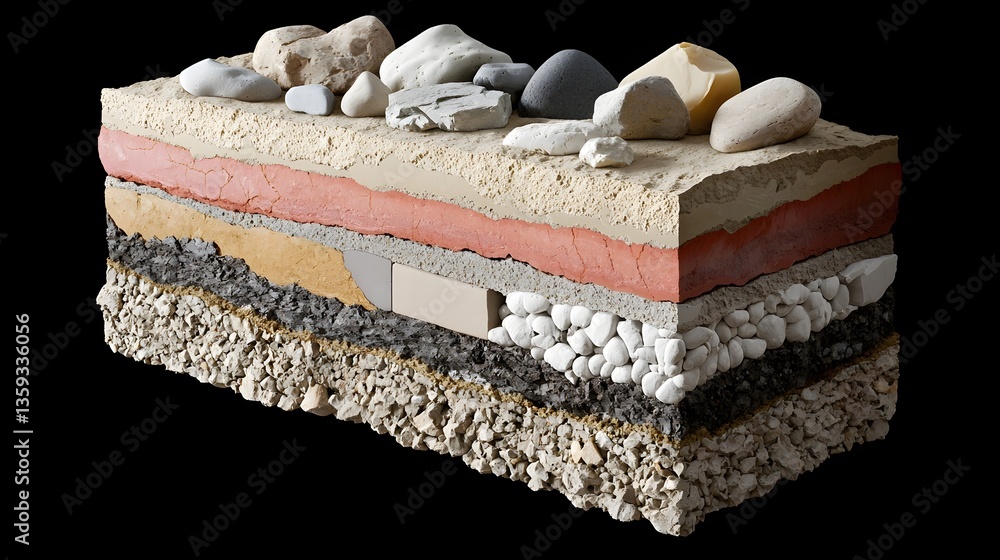 Poster detailed cross section showcasing the complex layering of rock soil and sedimentary deposits that ma