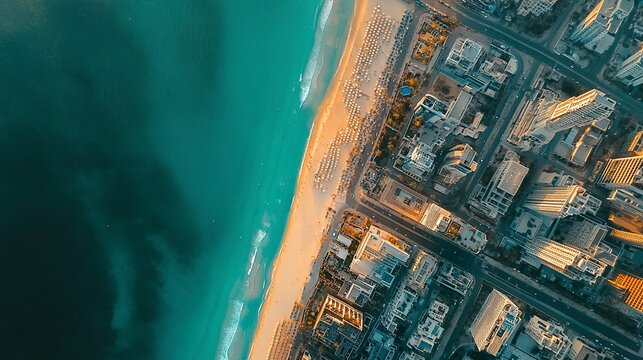 Coastal aerial view of Dubai with luxurious skyscrapers parallel to the beach, turquoise sea glistening under the sun, wide-angle composition, urban-meets-nature vibe.  