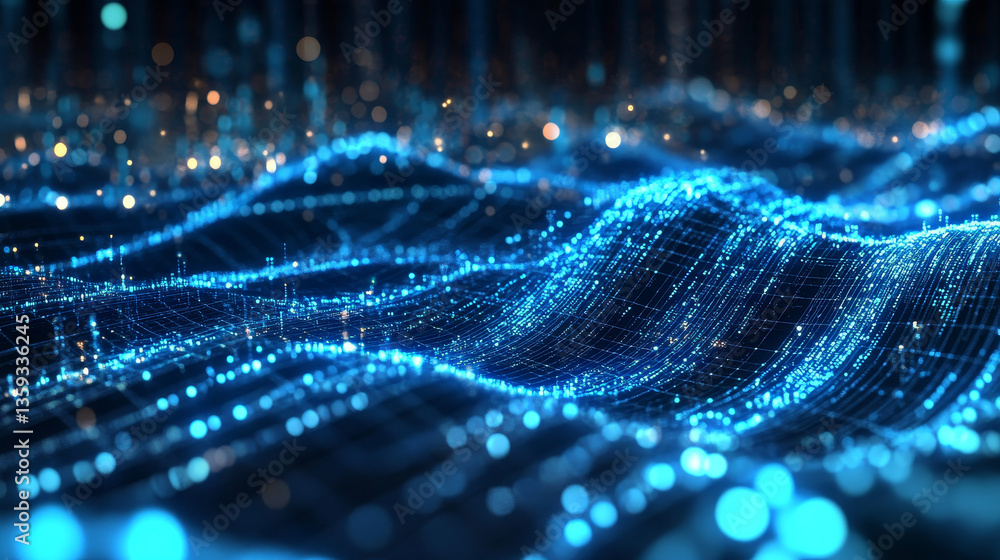 Poster information loop, encoded data, data stream 3d illustration. linear waves in cyberspace. electrical 