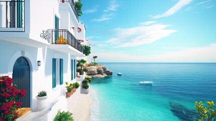 Fototapeta premium Coastal architecture with white facades and colorful accents, beachfront homes overlooking clear turquoise waters 