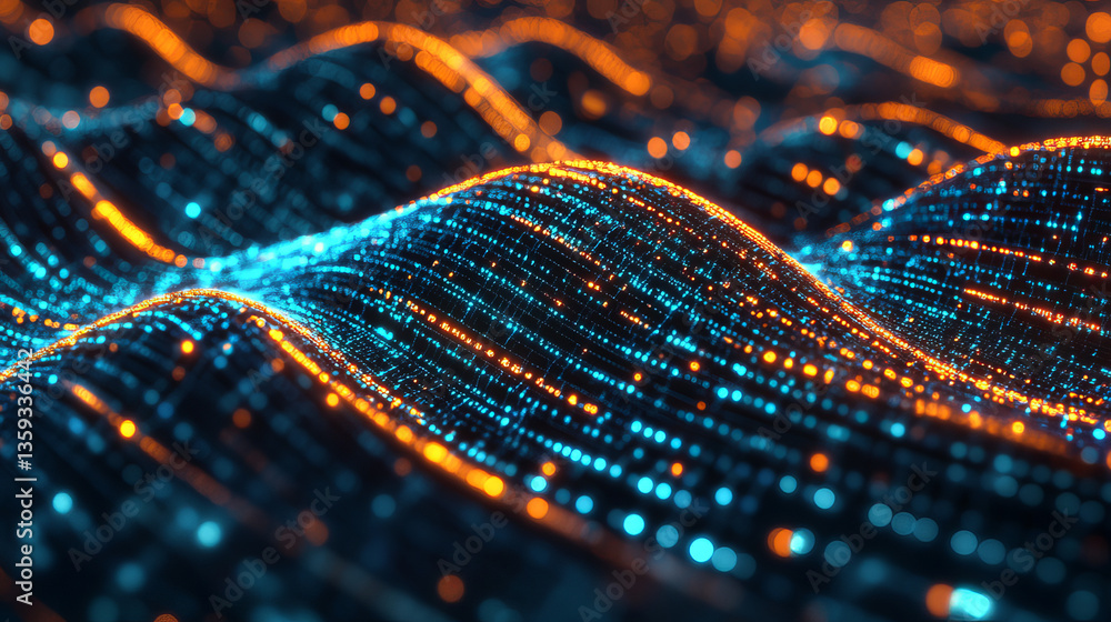 Poster information loop, encoded data, data stream 3d illustration. linear waves in cyberspace. electrical 