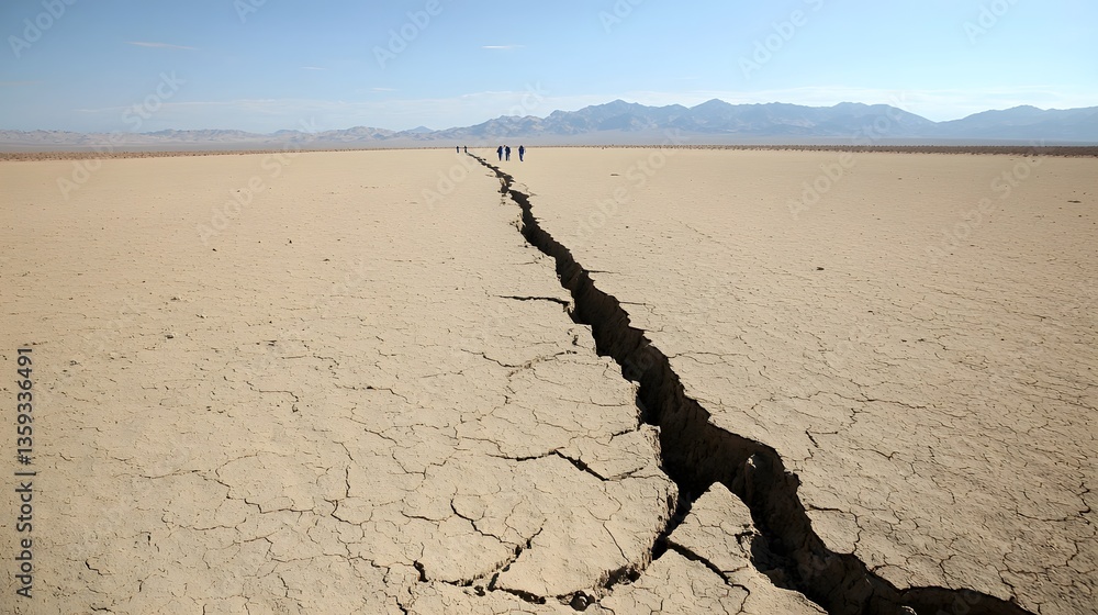Aufkleber Dramatic fractures and fissures in the arid cracked earth of a remote desert revealing changes in elevation along a tectonic fault line as captured by Lidar data analysis