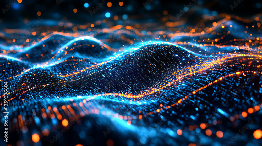 Poster information loop, encoded data, data stream 3d illustration. linear waves in cyberspace. electrical 