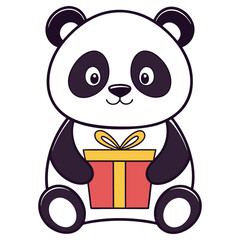 Cartoon Panda Holding Gift Box With Ribbon, Isolated White Background, Cute