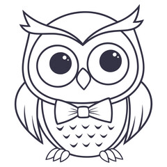 Outlined Cartoon Owl Wearing a Bow Tie, Cute Animal on White Background