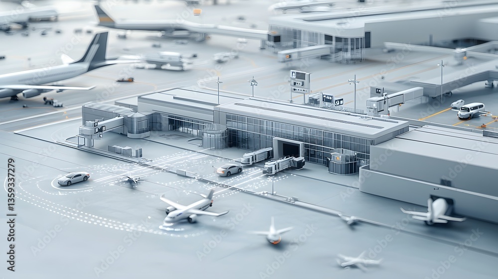 Poster Futuristic model of a smart airport featuring autonomous aircraft and ground vehicles using advanced technologies like Lidar to navigate and interact with aviation systems