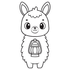 Obraz premium Standing Llama Holding Lantern Coloring Page, Cute Animal Outline, Black and White Art